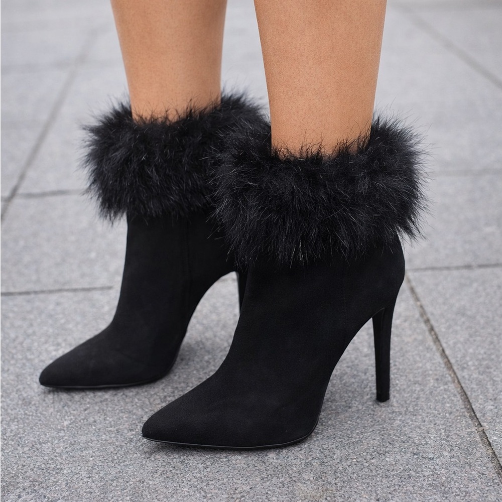 Black Heel Boots with Faux Fur top trim